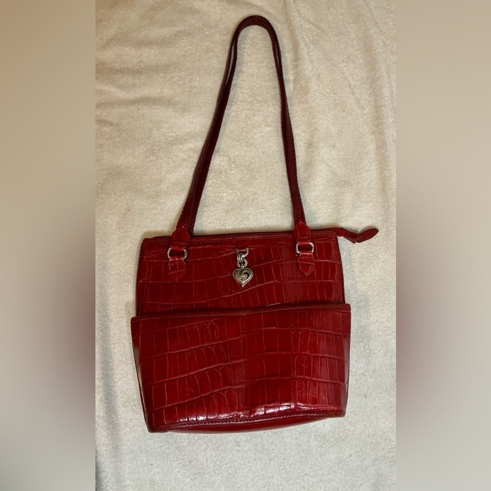Vintage Brighton Red Leather Croc Print Bucket Purse Bag #541968